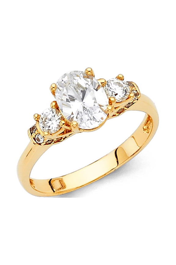 Oval CZ Three Stone Engagement Ring 14k Yellow Gold Anniversary Oval Solitaire Band Side Stones Size 6