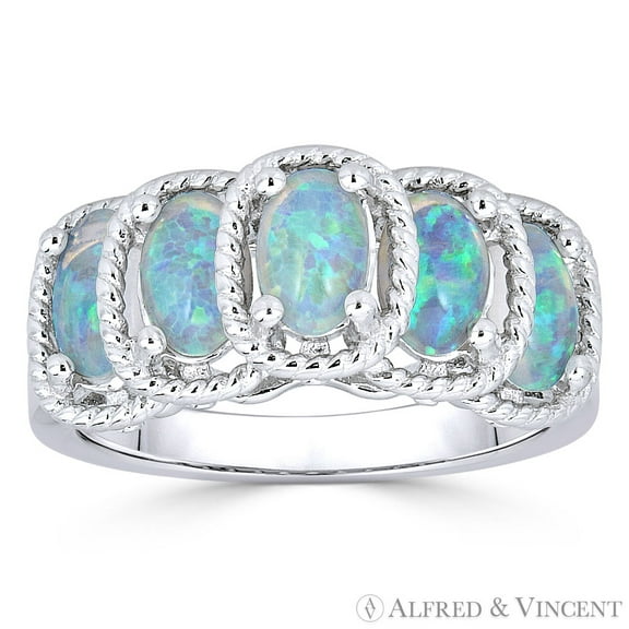 Oval Cabochon Synthetic Opal 5-Stone Right-Hand Cathedral Ring in .925 Sterling Silver w/ Rhodium