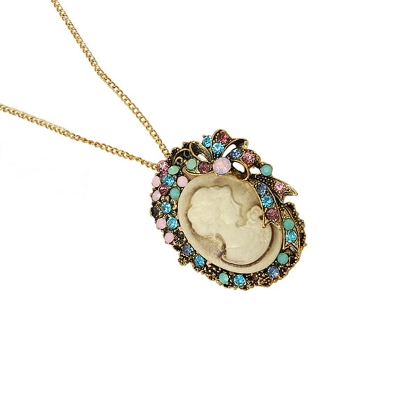 Oval Cameo Pendant Necklace with Crystal Rhinestones Handmade Vintage Jewelry Accessory Stylish Outfit Enhancer