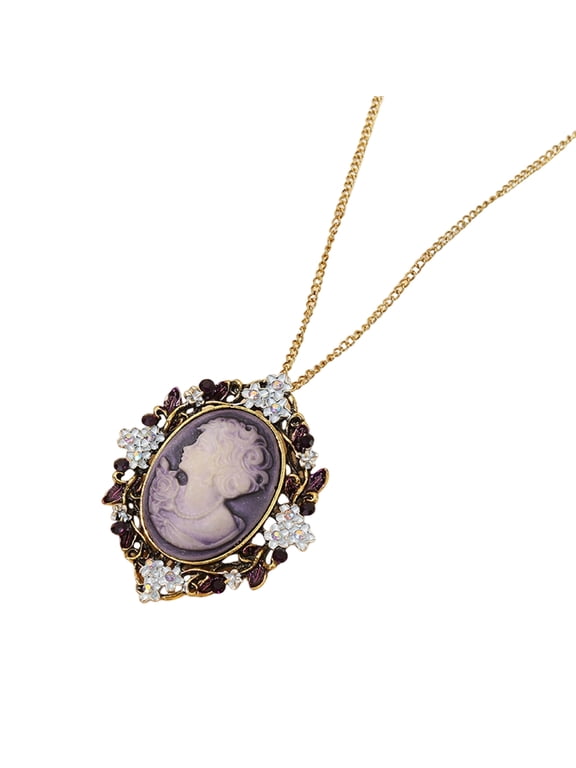 Oval Cameo Pendant Necklace with Crystal Rhinestones Handmade Vintage Jewelry Accessory Stylish Outfit Enhancer