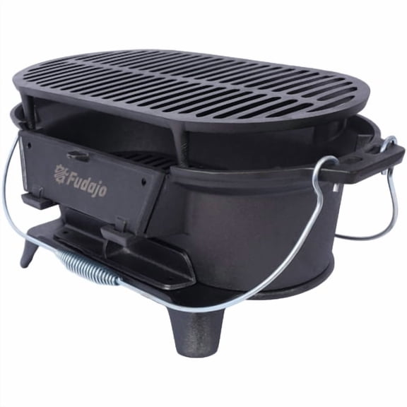 Oval Cast Iron Charcoal Grill, Portable Tabletop Hibachi Grill with Enameled Surface, Small Camping & Tailgate Grill