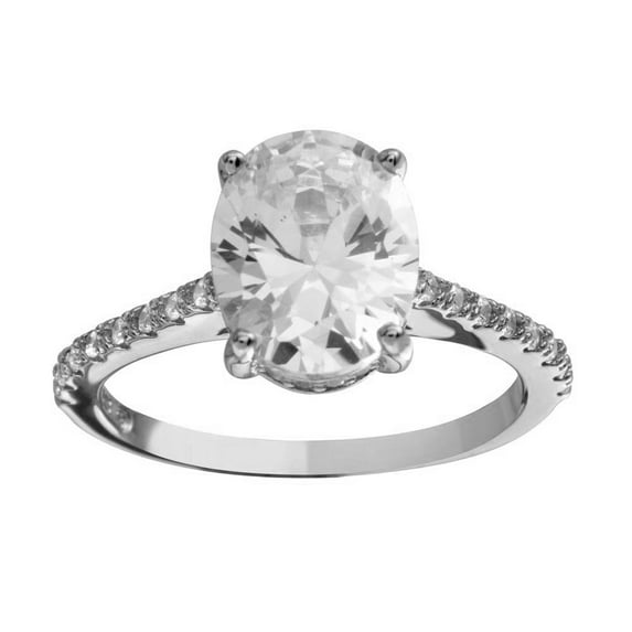 Oval Center Cubic Zirconia Solitaire Ring Rhodium Plated Sterling Silver Size 8