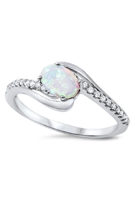 Oval Center & Side Stones Channel Ring White Simulated Opal Sterling Silver Size 11
