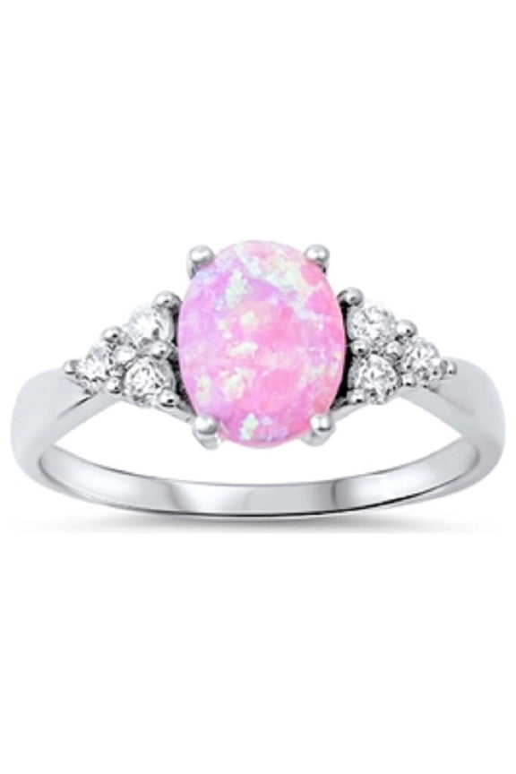 Oval Center & Side Stones Ring Pink Simulated Opal Sterling Silver Size 7