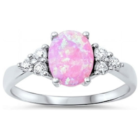 Oval Center & Side Stones Ring Pink Simulated Opal Sterling Silver Size 7
