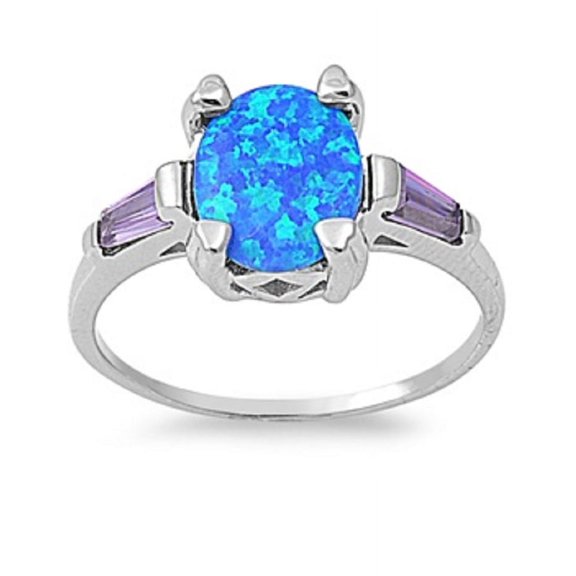 Oval Center Simulated Amethyst Cubic Zirconia Blue Simulated Opal Ring Sterling Silver Size 10