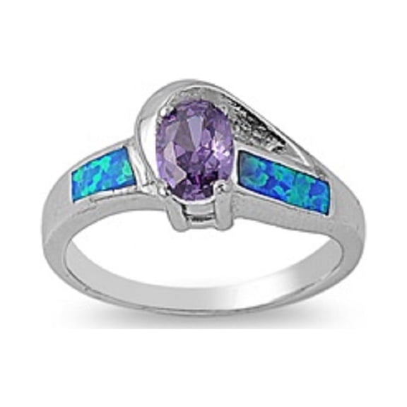 Oval Center Simulated Amethyst Cubic Zirconia Blue Simulated Opal Ring Sterling Silver Size 7