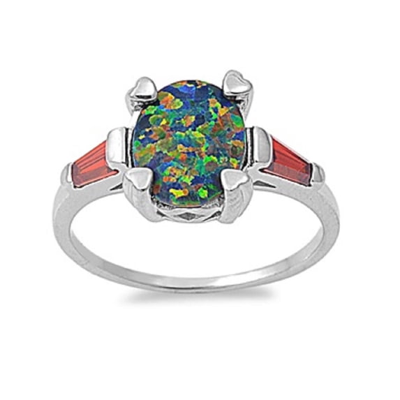 Oval Center Simulated Garnet Cubic Zirconia Black Simulated Opal Ring Sterling Silver Size 7