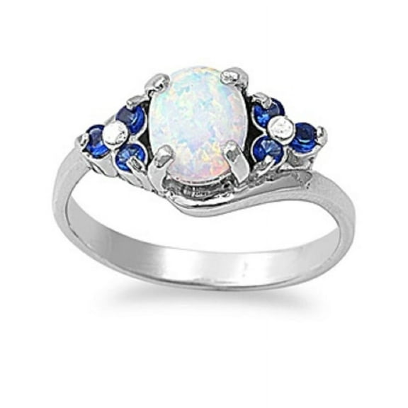 Oval Center Simulated Sapphire Cubic Zirconia White Simulated Opal Ring Sterling Silver Size 10