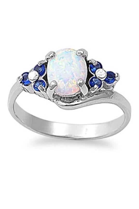 Oval Center Simulated Sapphire Cubic Zirconia White Simulated Opal Ring Sterling Silver Size 10