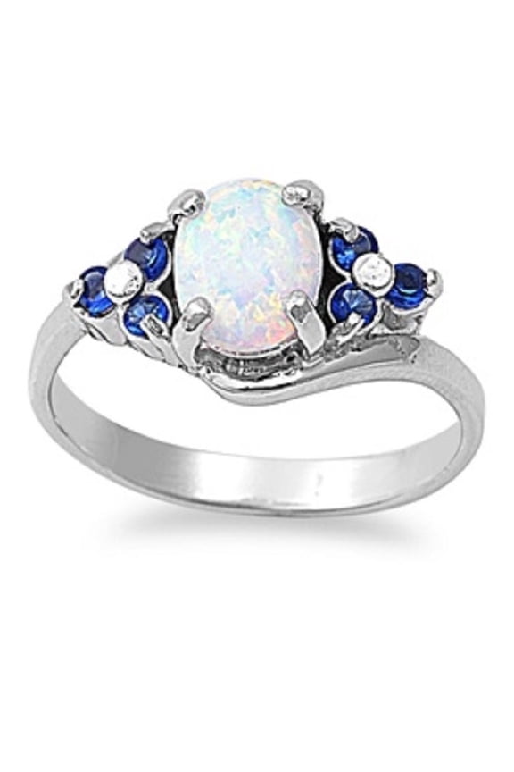 Oval Center Simulated Sapphire Cubic Zirconia White Simulated Opal Ring Sterling Silver Size 9