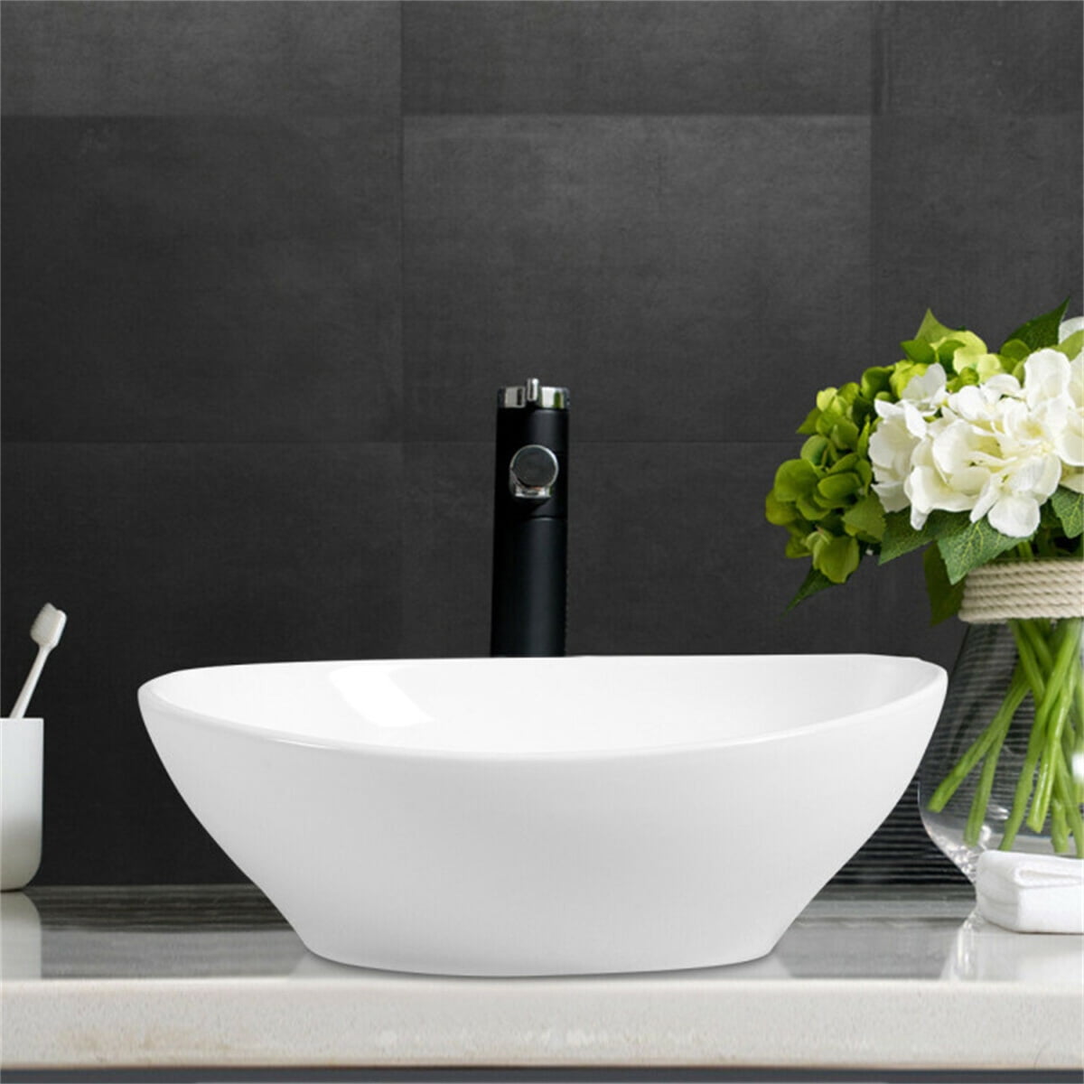 Oval Ceramic Bathroom Sink - 16 x 13 x 5.5 - Easy to Clean, Durable Design, Modern Aesthetic - Ideal for Home or Commercial Use