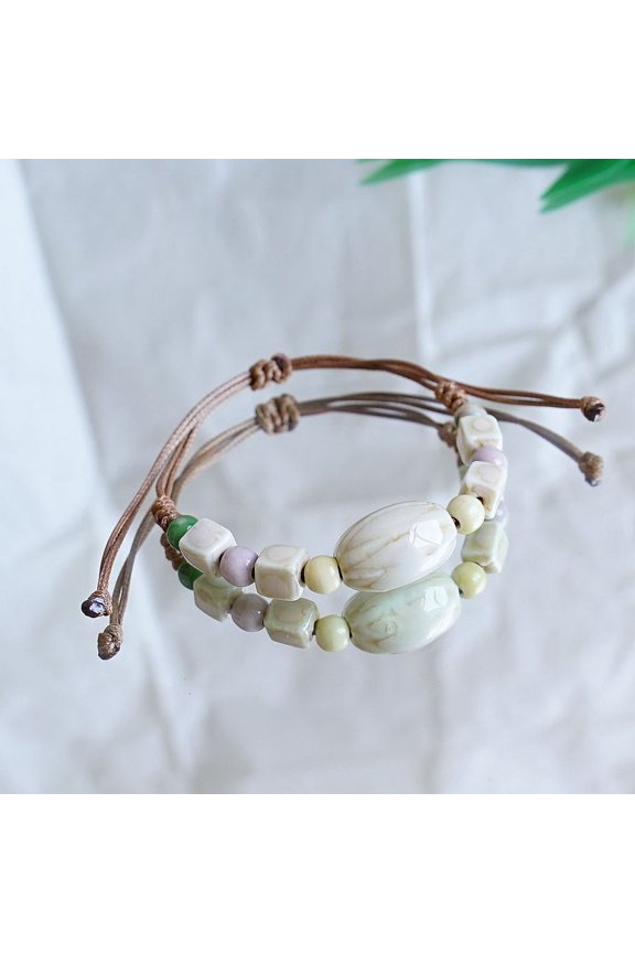 Oval Ceramic Beads Bead Bracelets Adjustable Waxed Cord Bracelets for Women Colorful 4~9-7/8 inch(10~25cm)