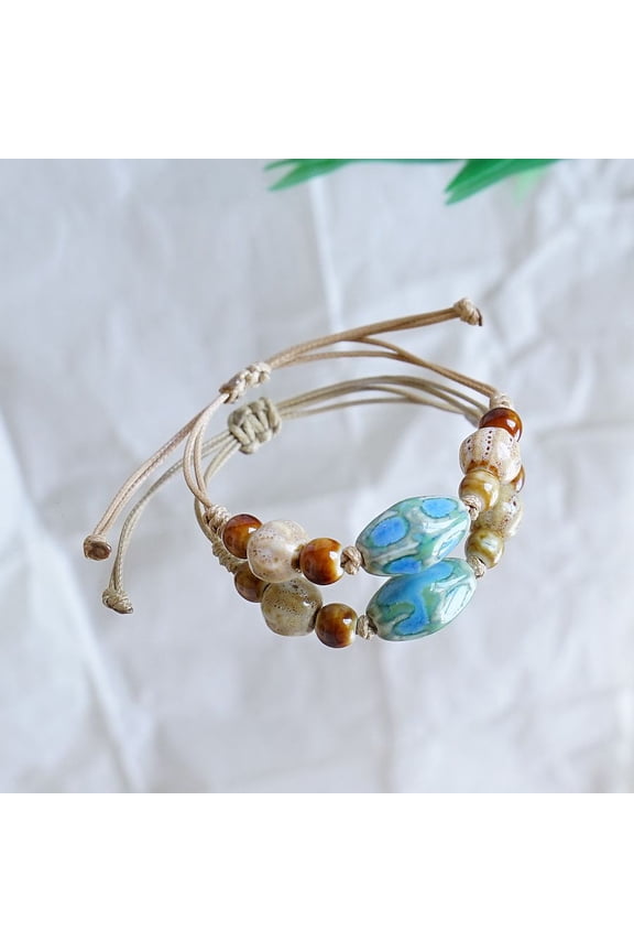 Oval Ceramic Beads Bead Bracelets Adjustable Waxed Cord Bracelets for Women Light Sky Blue 4~9-7/8 inch(10~25cm)