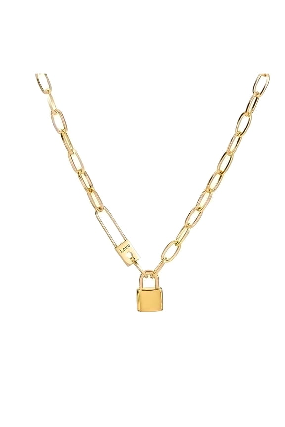 Oval Chain Necklace for Women Lock Pendant 18K Gold Plated Stainless Steel Adjustable to 18" Ginger Lyne