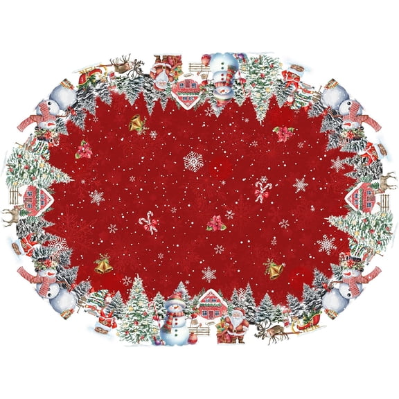Oval Christmas Tablecloth 52x70 Inch, Winter Snowman Santa Christmas Tree Tablecloth Oval, Holiday Christmas Table Cloths Oval, Xmas Oval Table Cover Decor