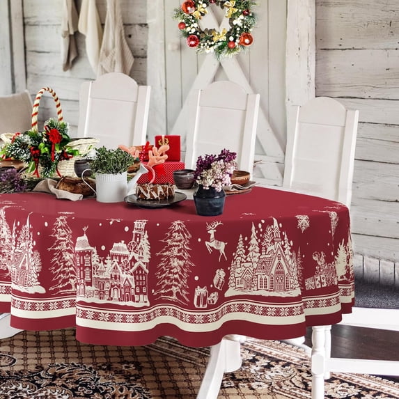 Oval Christmas Tablecloth 60 x 102 In,Christmas Tree Elk Santa Snowflake Red Christmas Tablecloth,Polyester Waterproof Wrinkle Resistant Durable Table cloth for Holiday,Kitchen,Winter and Home Decor