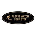 thumbnail image 1 of Oval Classy Please Watch Your Step Sign (Black Gold) - Medium 2.75x7", 1 of 1