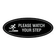 thumbnail image 1 of Oval Classy Please Watch Your Step Sign (Black / Silver) - Large 3.6x9", 1 of 1