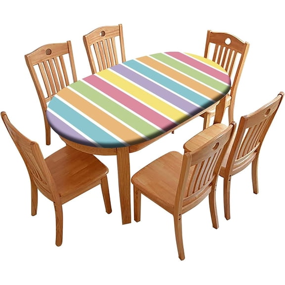 Oval Clear Plastic Tablecloth Protector, Stripes Pattern Printed on Fitted Oval Table Cover, Table Protector for Dining Room Table, Fits for 48" x 68" Oval Table