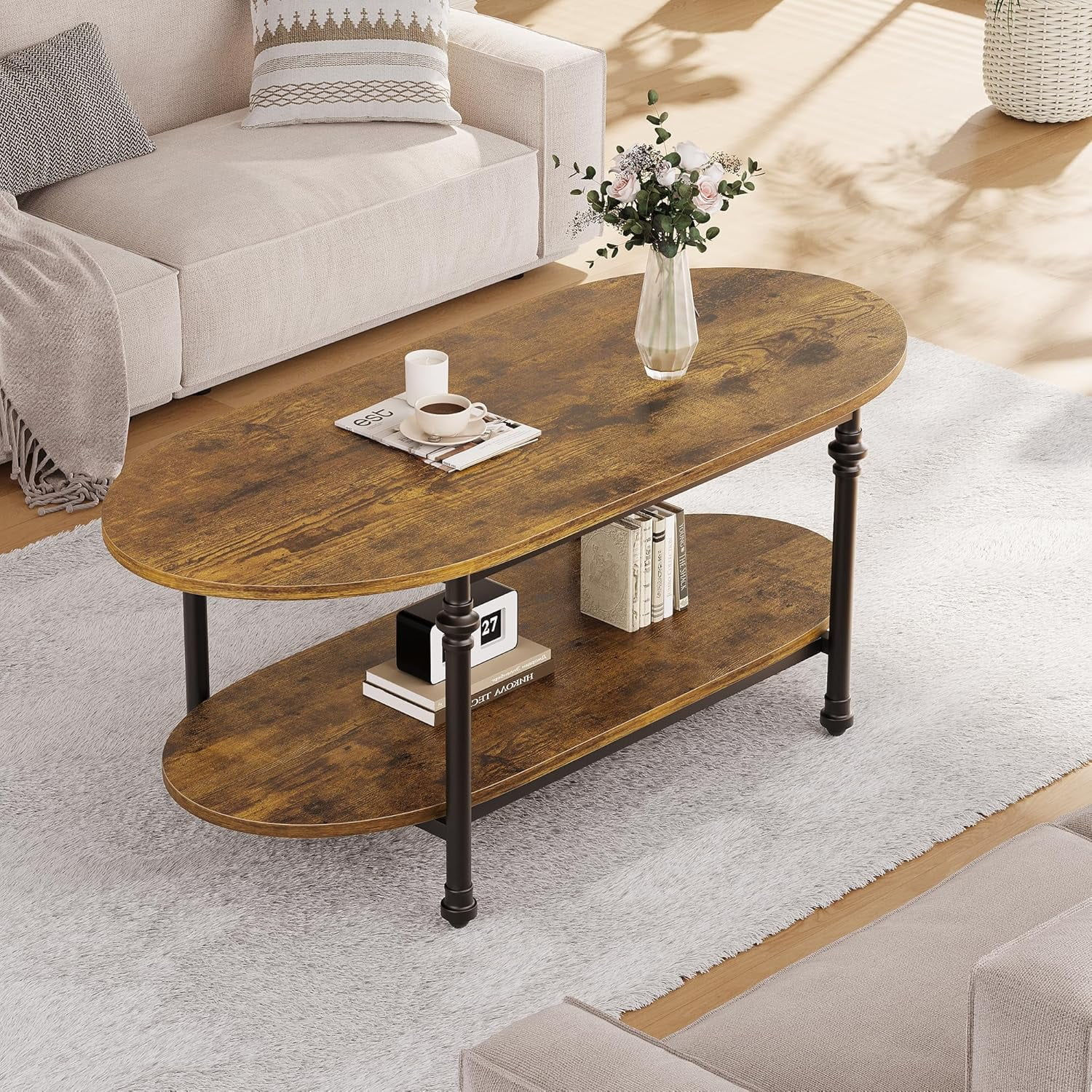 Oval Coffee Brown Table Unique Tea Table 47.2" Cocktail Table Low ...
