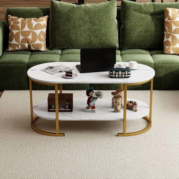 Oval Coffee Table with 2-Tier Open Storage Shelf, Wooden Living Room Center Table, Heavy Duty Metal Frame, Modern Accent Table with Spacious Tabletop, Non Slip Foot Pads, Easy Clean Surface, Natural