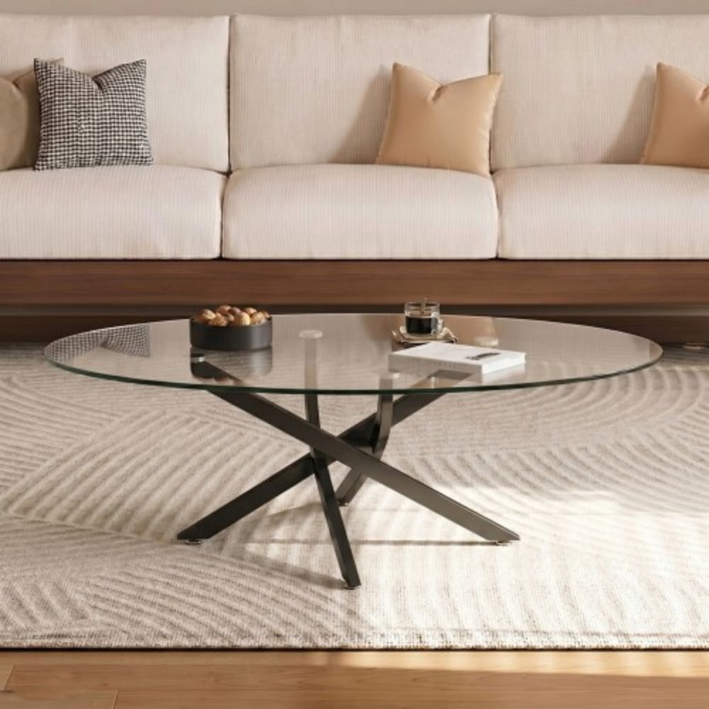Oval Coffee Table, 39.37" Tempered Glass Top with Black Cross Legs, Modern Side Table, Tea Table for Living Room, Apartment, Cafe