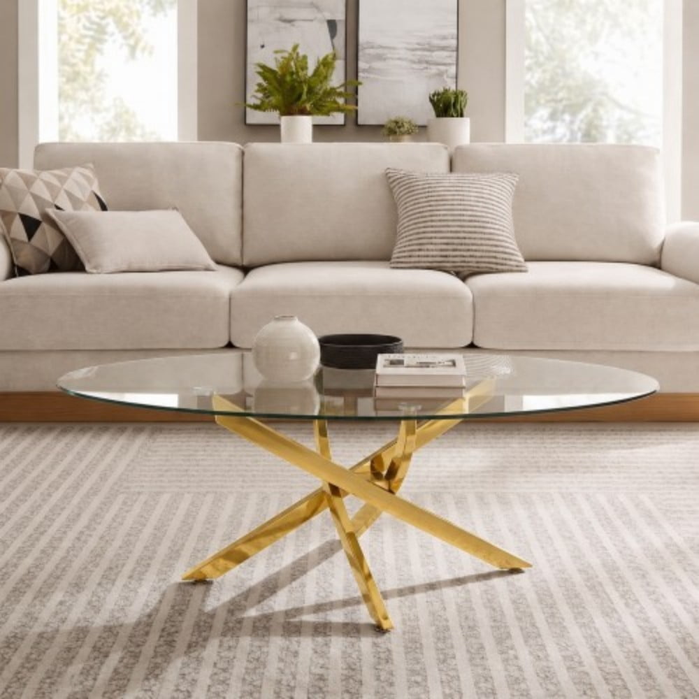 Oval Coffee Table, 39.37" Tempered Glass Top with Gold Cross Legs, Modern Side Table, Tea Table for Living Room, Apartment, Cafe