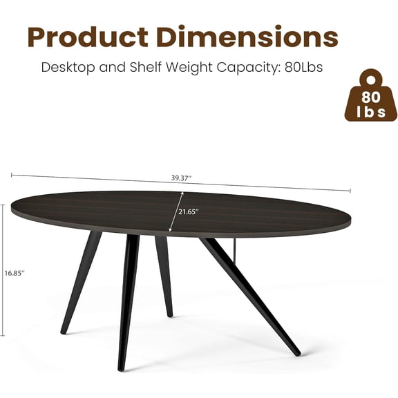 Oval Coffee Table, 40'' Mid- Center Table with Thickened Board & Sturdy Metal Legs, Waterproof Scratch-Resistant for Living Room, Apartment, Dark