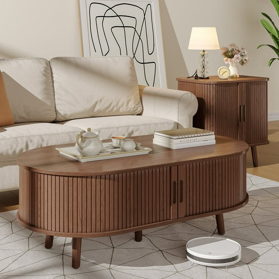 Oval Coffee Table, 42.5" Drum Coffee Table with Sliding Tambour Door, Fluted Accent Center Table with Storage, Mid Century Modern Coffee Table for Living Room, Center Table Walnut