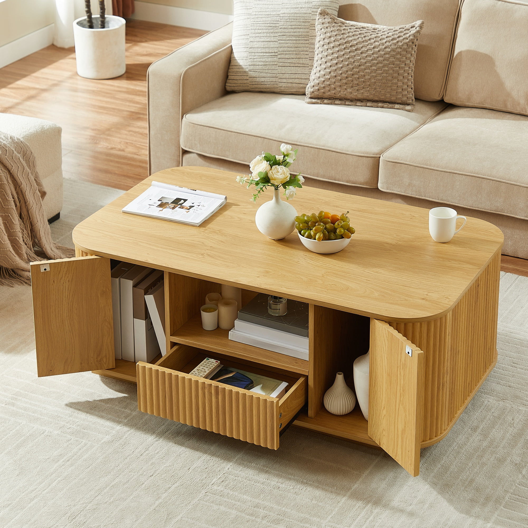 Oval Coffee Table 46.5 Inch with Drawers and Storage Compartments, Modern Center Table and Storage Table with Curved Design for Living Room, Natural