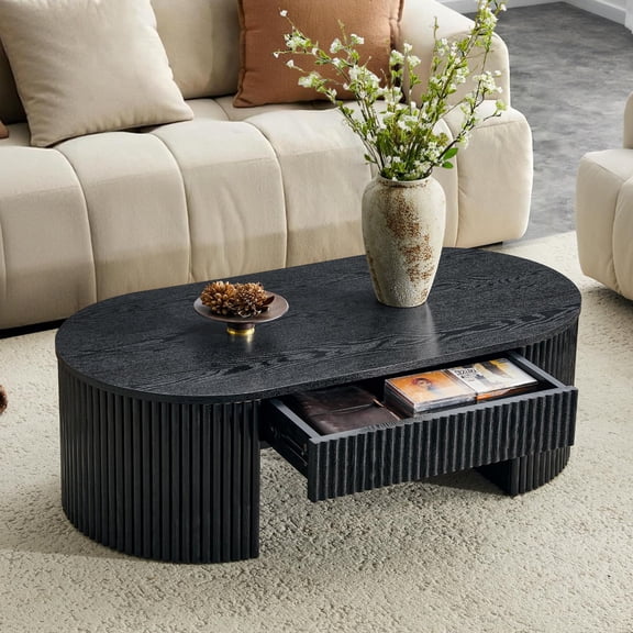 47.5" Oval Coffee Table with Storage, Fluted Mid Century Modern Center Table with Roman Column Pattern, Black Accent Table for Living Room