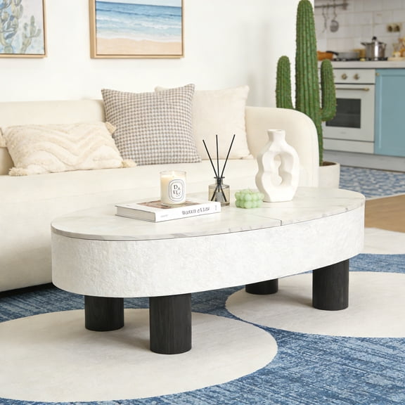 Oval Coffee Table with Faux Marble Tabletop, Mid Century Modern Coffee Table with Hidden Drawer and Storage Space , Coffee Table for Living Room, Bedroom, Office