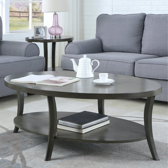 Oval Coffee Table In Gray Color - Birch Wood Veneer Top For Broad Displaying Extra Shelf Sufficient Storage Ample Demonstration More Space