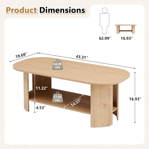 Oval Coffee Table for Living Room, 43.3 Farmhouse Wood Center Table with Storage Shelf Low Tea Table for Small Space Home Office Easy Assembly Natural