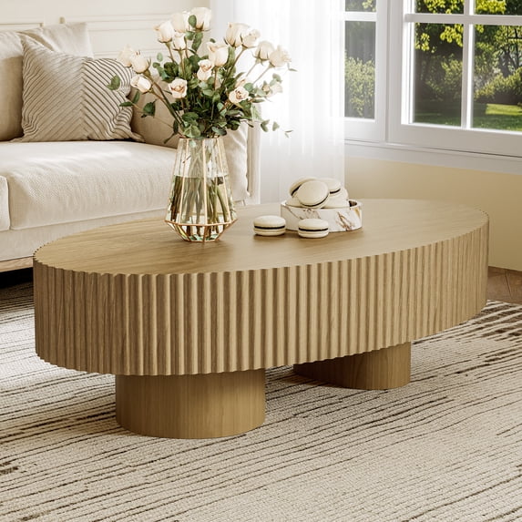 Oval Coffee Table for Living Room, Modern Fluted Wood Center Table with Oak Finish, Olive-Shaped Drum Coffee Table for Apartment, Office, Easy Assembly