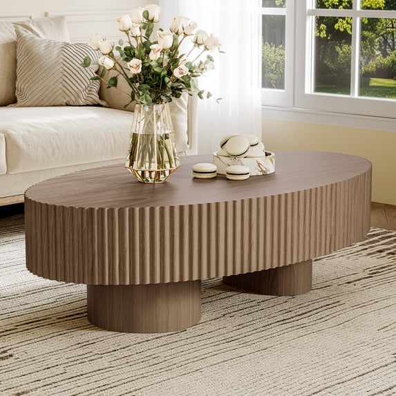 Oval Coffee Table for Living Room, Modern Fluted Wood Center Table with Walnut Finish, Olive-Shaped Drum Coffee Table for Apartment, Office, Easy Assembly