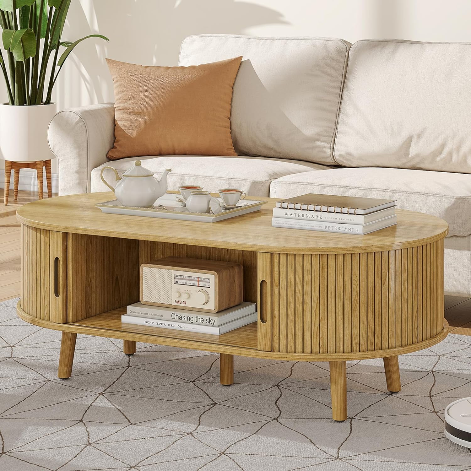 Oval Coffee Table, Mid Century Modern Coffee Table with Sliding Tambour ...