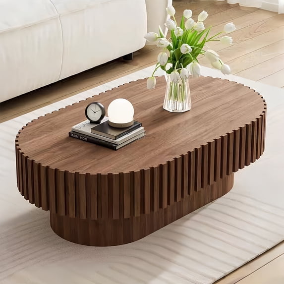 Oval Coffee Table,Mid Century Modern Fluted Coffee Table with Pedestal, Classic Wood Coffee Table for Living Room, Bedroom, Apartment, Office, Small Space, 43.1" Walnut