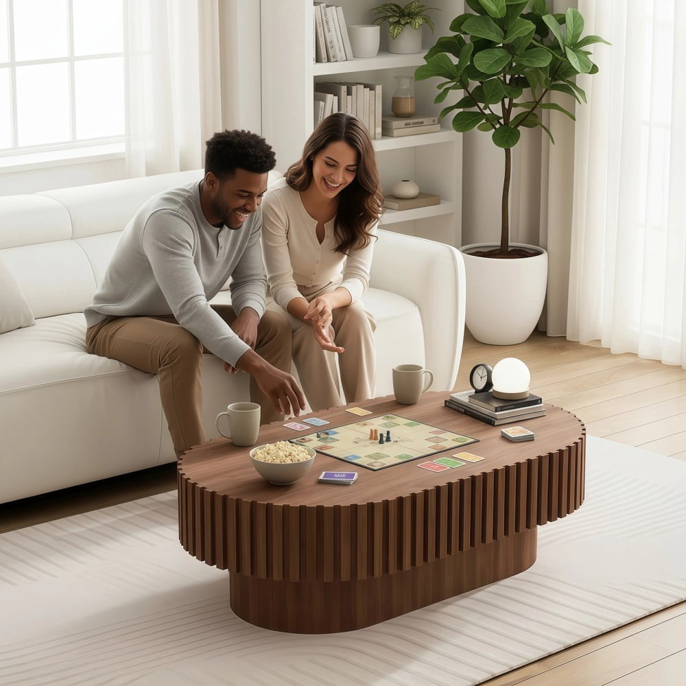 Oval Coffee Table, Mid Century Modern Fluted Coffee Table with Pedestal, Walnut Wood Center Table for Living Room, Apartment, Office, Small Space