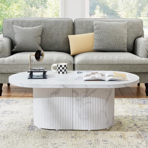 Oval Coffee Table, Modern Faux Marble Wood Coffee Table, Fluted Small Center Table Easy Assembly for Living Room, White