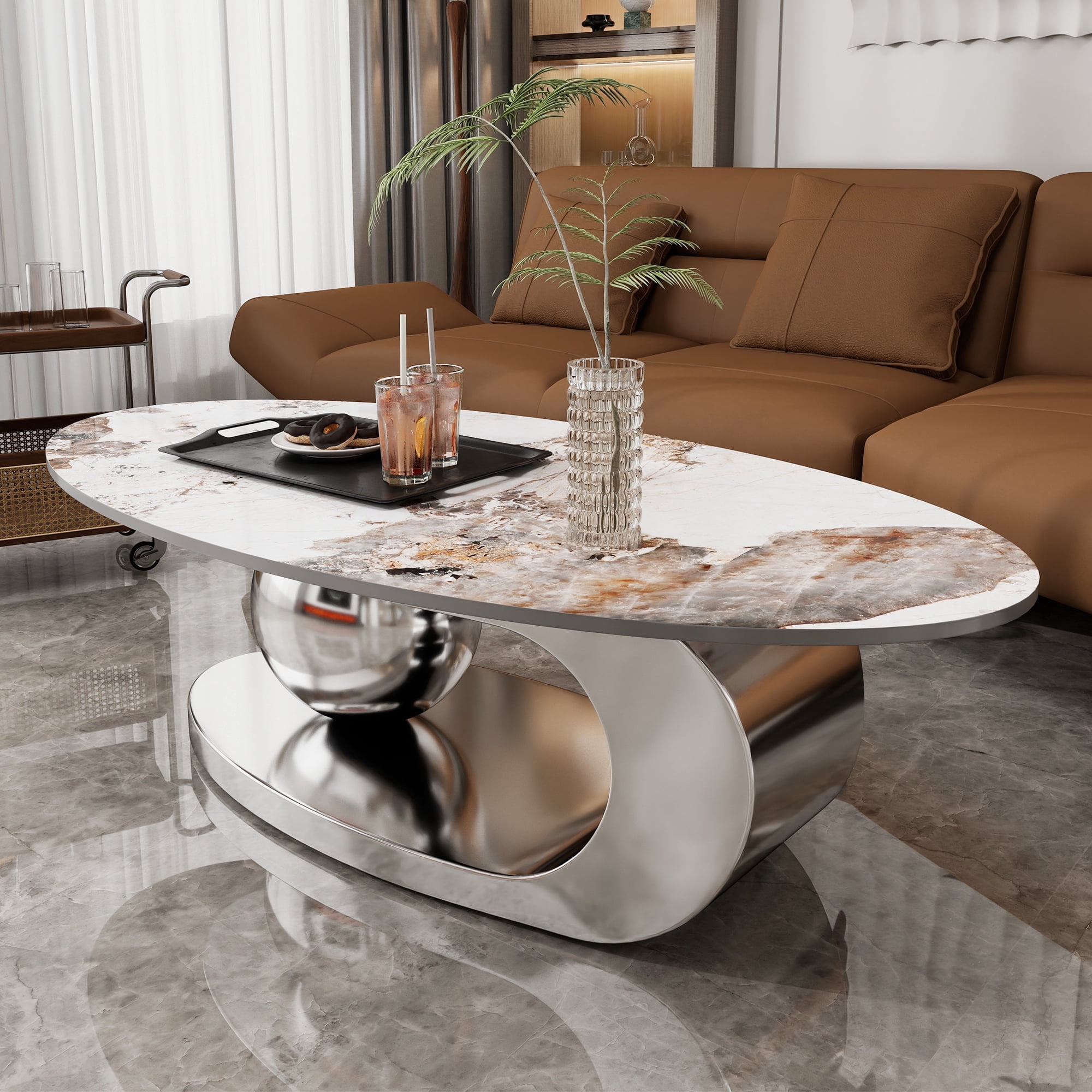 Oval Coffee Table Modern Minimalist Faux Marble Top with Gray Stainless ...