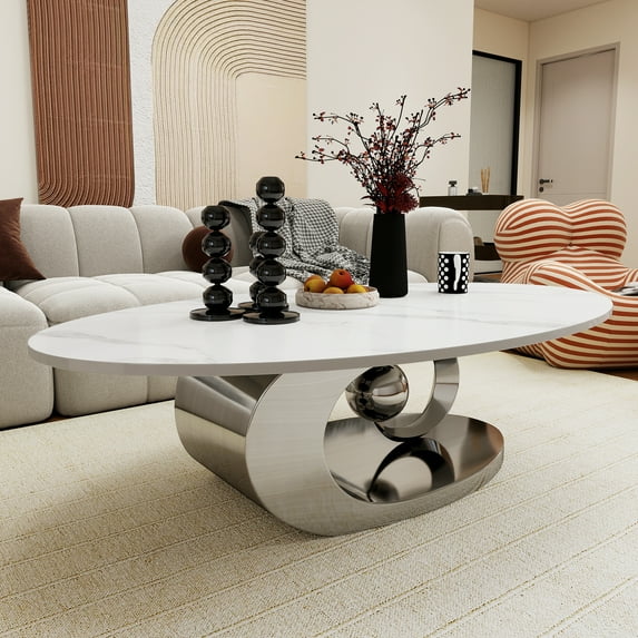 Oval Coffee Table Modern Minimalist Faux Marble Top with Sculptural Grey Stainless Steel Base Luxury SpaceSaving Design art deco coffee table 51.2"L x 27.6"W