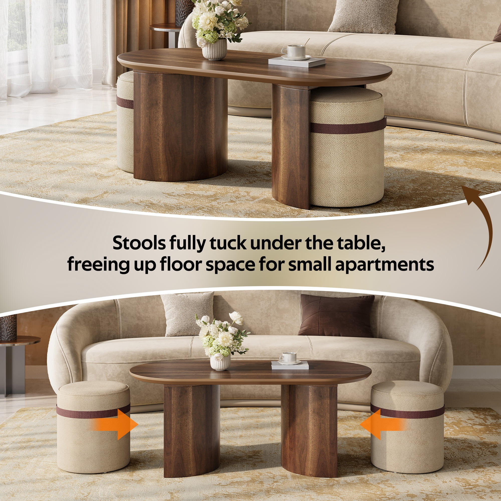 Oval Coffee Table Set 42.71 Inch, Wooden Center Table with 2 Matching Fabric Poufs for Living Room Reading Corner, Brown