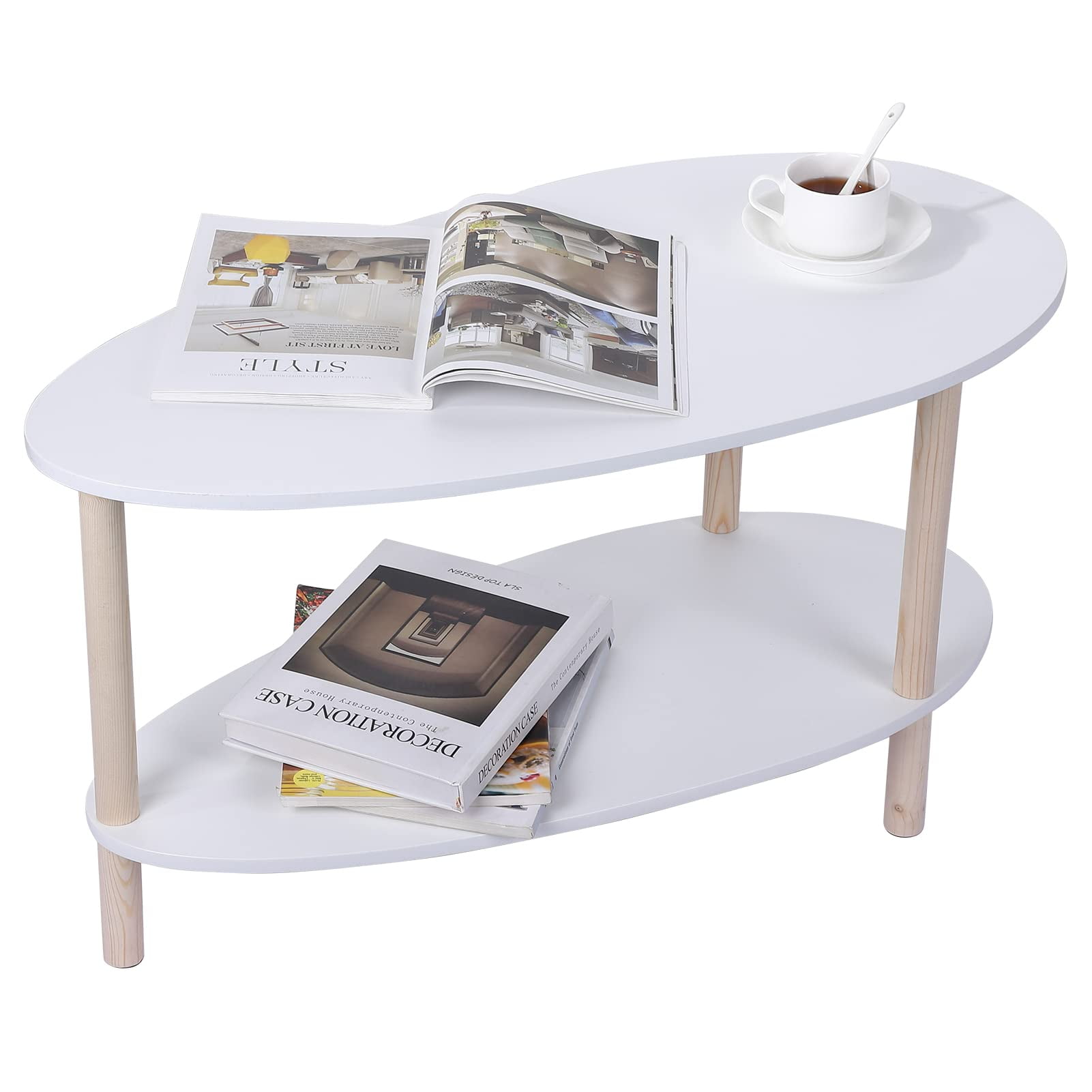 KTENME Oval Coffee Table, Small White Wood Coffee Table, 2-Tier Modern ...