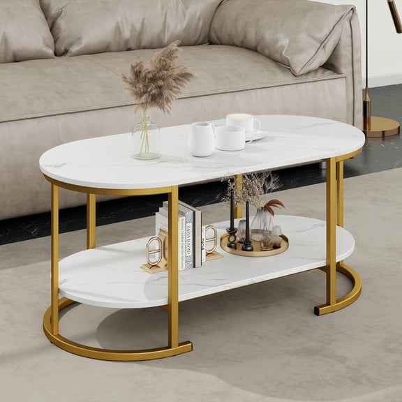 Oval Coffee Table with Storage, 2-Tier Center Table for Living Room with Faux Marble Top, Open Shelf, Metal Frame, Modern Tea Table for Small Spaces, Reception Room, Apartment, White & Gold