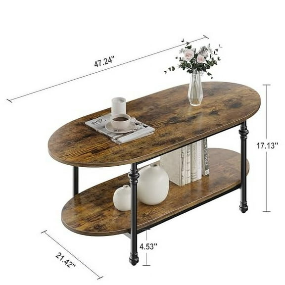 Oval Coffee Table Unique Tea Table, Cocktail Table Low Storage Coffee Table 2 Tier Center Table for Living Room