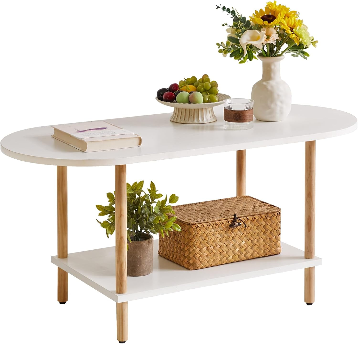 Oval Coffee Table White, Small Wooden Coffee Table for Small Space, Tea ...