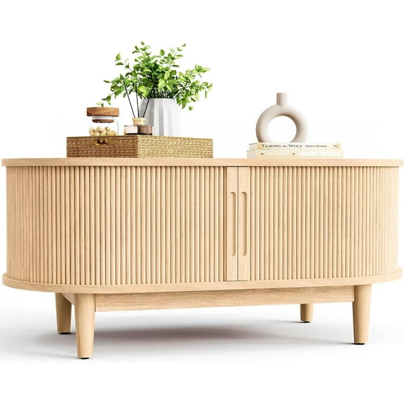 Oval Coffee Table, Wood Coffee Table with Storage, Fluted Accent Center Table with Sliding Tambour Door, 39" Boho Coffee Tables for Living Room, Bedroom, Apartment, Oak