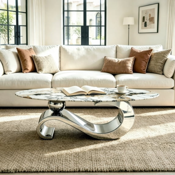 Oval Coffee Table with Polished Silver Base, Faux Marble Sofa Table ...